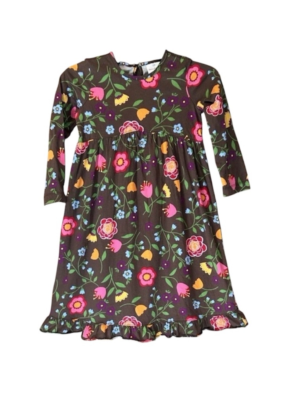Hanna Andersson Girls Dress 120 6-7 Yrs Brown Floral Long Sleeve Ruffle Skater